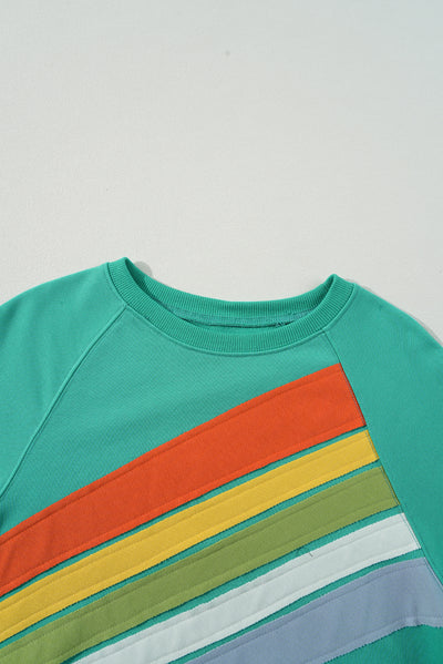 Mint Green Rainbow Colorblock Striped Pullover Sweatshirt-Tops/Sweatshirts & Hoodies-MomFashion