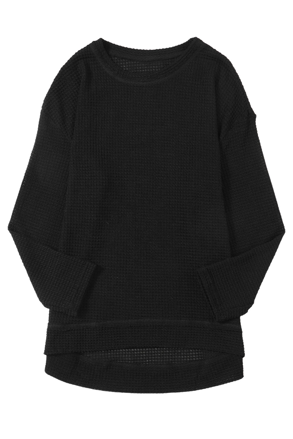 Black Waffle Knit High Slits Oversized Top-Tops-MomFashion