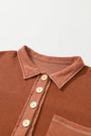 Chestnut Waffle Exposed Seam Pocket Henley Sweatshirt-Tops-MomFashion