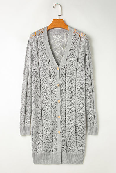 Gray Hollow Out Buttons Front Long Cardigan-Sweaters & Cardigans/Cardigans-MomFashion