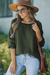 Green Scoop Neck Puff Sleeve Waffle Knit Top-Tops-MomFashion