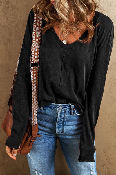 Black V Neck Center Seam Long Sleeve Tee-Tops-MomFashion