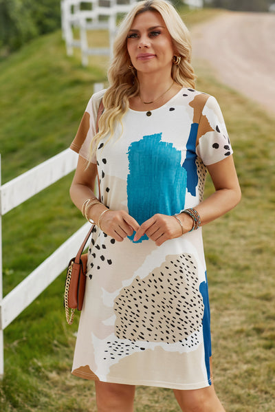 Light Blue Leopard Splicing Color Block Mini Dress-Dresses-MomFashion