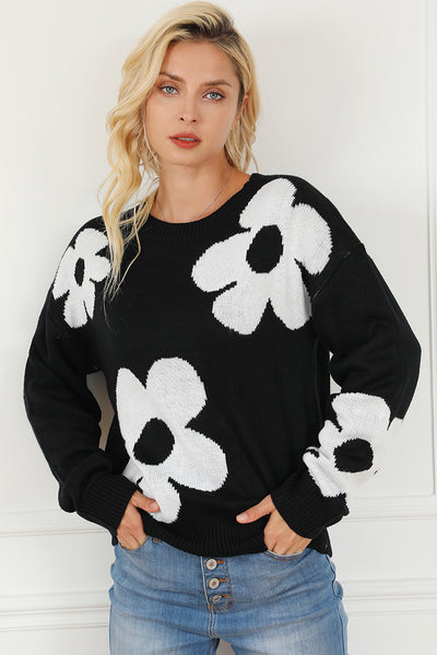 Black Big Flower Pattern Knit Sweater-Tops-MomFashion