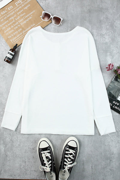 White Waffle Knit Henley Top-Tops-MomFashion