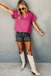 Bright Pink Crinkled V Neck Wide Sleeve T-shirt-Tops-MomFashion