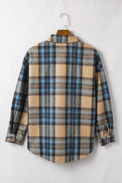 Brown Plaid Color Block Buttoned Shirt with Pockets-Tops-MomFashion