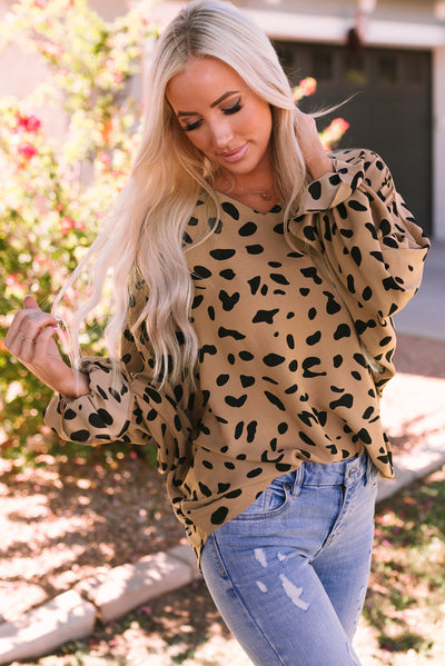 Leopard V Neck Ruffled Cuffs Loose Blouse-Tops-MomFashion