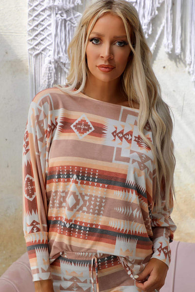 Multicolour Aztec Print Puff Sleeve Pullover and Pants Lounge Outfit-Loungewear-MomFashion