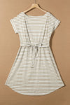 Khaki Stripe Short Sleeve Belted Wrapped Hemline T-Shirt Dress-Dresses-MomFashion