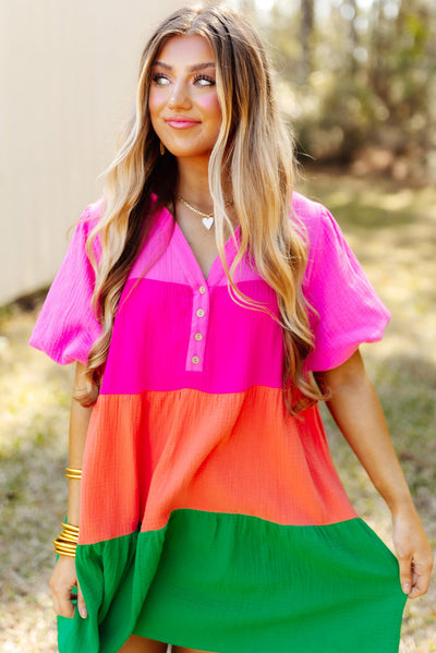 Multicolor Color Block Tiered Puff Sleeve Dress-Dresses-MomFashion