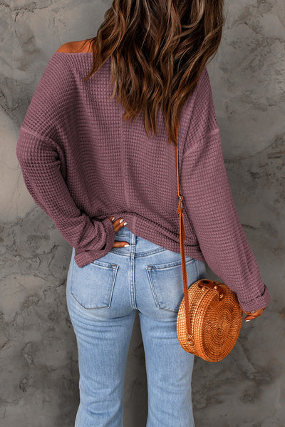 purple Waffle Knit Loose Long Sleeve Top-Tops-MomFashion