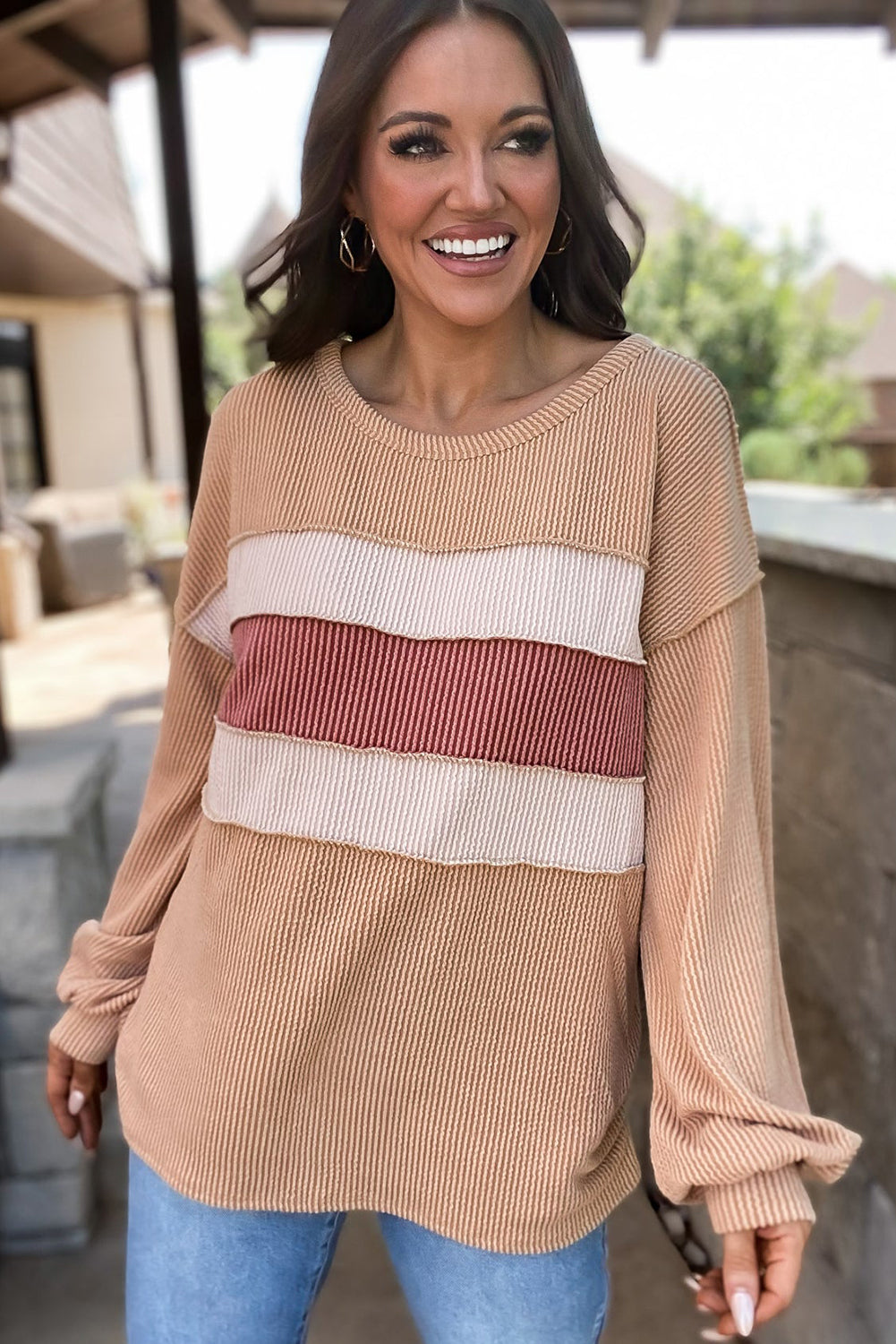 Light French Beige Colorblock Rib Corded Sweatshirt-Tops-MomFashion