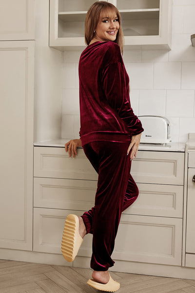 Fiery Red Solid Velvet Two Piece Lounge Set-Loungewear-MomFashion