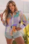 Multicolor Mixed Print Button Front Cuffed Sleeve Shirt-Tops-MomFashion