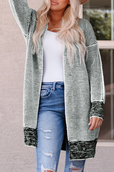 Gray Plaid Knitted Long Open Front Cardigan-Tops-MomFashion