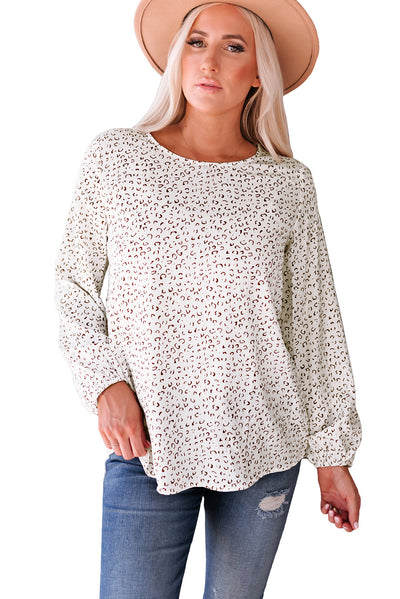 Leopard Crew Neck Long Sleeve Blouse-Tops-MomFashion