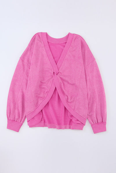 Rose Exposed Seam Twist Open Back Oversized Sweatshirt-Tops-MomFashion