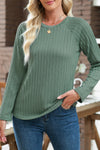 Green Ribbed Round Neck Knit Long Sleeve Top-Tops-MomFashion