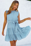 Sky Blue Frilled Neck Sleeveless Tiered Tulle Dress-Dresses-MomFashion