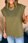 Guacamole Green Studded Short Sleeve Top-Tops-MomFashion