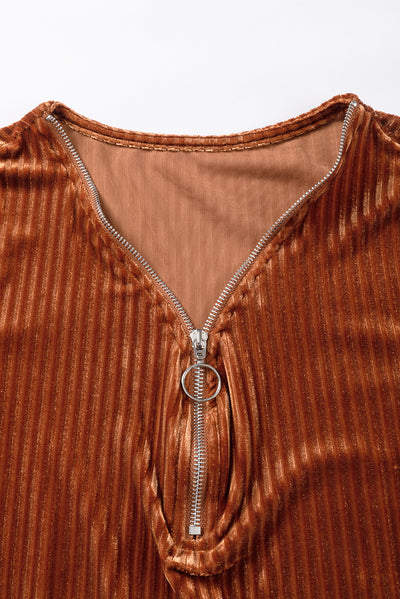 Chestnut Half Zip V Neck Ribbed Velvet Top-Tops-MomFashion