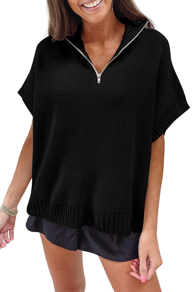 Black Quarter Zip Short Batwing Sleeve Sweater-Tops-MomFashion