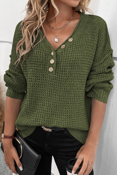 Pickle Green Pointelle Knit Button V Neck Drop Shoulder Sweater-Tops-MomFashion