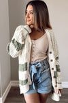 Green Colorblock Textured Knit Buttoned Cardigan-Tops-MomFashion