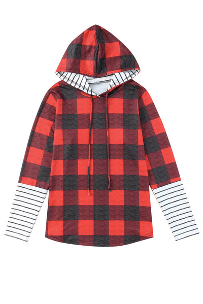 Fiery Red Christmas Plaid Striped Patchwork Drawstring Hoodie-Tops-MomFashion