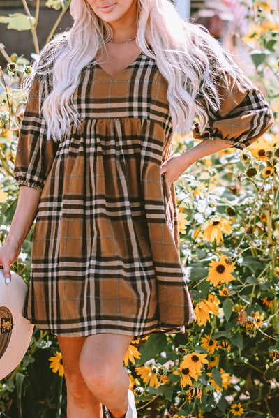 Brown Plaid Pattern Empire Waist Babydoll Dress-Dresses-MomFashion