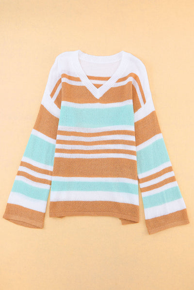 Multicolor Colorblock Stripe Long Sleeve Split Sweater-Tops-MomFashion