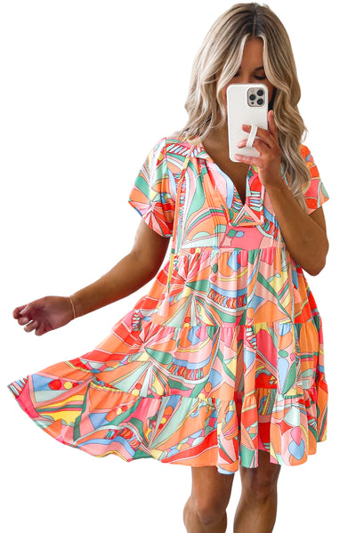 Multicolor Abstract Geometric Print Tassel Tie Flared Dress-Dresses-MomFashion