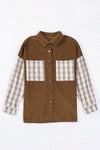 Brown Plaid Patchwork Corduroy Shirt Jacket with Pocket-Outerwear-MomFashion