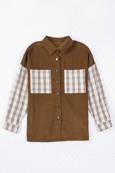 Brown Plaid Patchwork Corduroy Shirt Jacket with Pocket-Outerwear-MomFashion