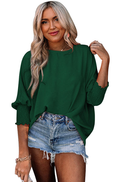 Green Smocked Wrist Shift Top-Tops-MomFashion