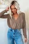 khaki Wrap V Neck Pleated Long Sleeve Bodysuit-Tops-MomFashion