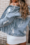 Sky Blue Sequin Embellished Fringe Distressed Denim Jacket-Outerwear-MomFashion