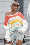 Multicolor Hollow Striped Knit Contrast Sleeve Sweater-Tops-MomFashion