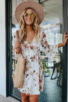 White V Neck 3/4 Sleeve Floral Dress-Dresses-MomFashion