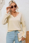 Apricot Ribbed Texture Lace Trim V Neck Long Sleeve Top-Tops-MomFashion