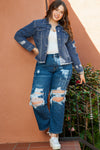 Dark Blue Plus Size Distressed Flap Pocket Denim Jacket-Plus Size-MomFashion