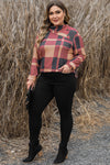 Mineral Red Plus Size Plaid Print Button Decor Asymmetric Neck Top-Plus Size-MomFashion