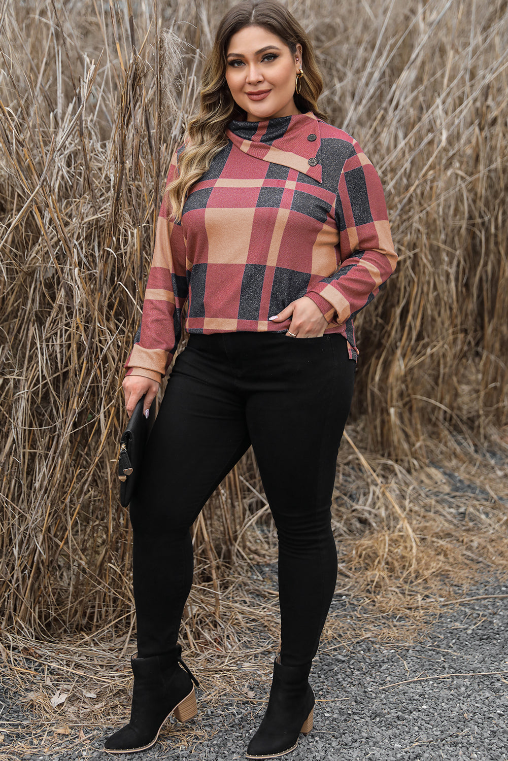 Mineral Red Plus Size Plaid Print Button Decor Asymmetric Neck Top-Plus Size-MomFashion