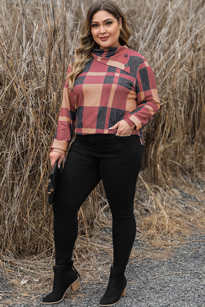 Mineral Red Plus Size Plaid Print Button Decor Asymmetric Neck Top-Plus Size-MomFashion