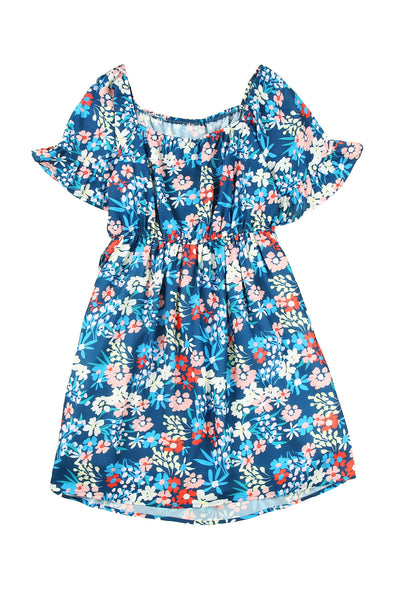 Blue Square Neck Ruffle Floral Dress-Dresses-MomFashion