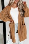 Khaki Ribbed Trim Eyelet Cable Knit Cardigan-Tops-MomFashion