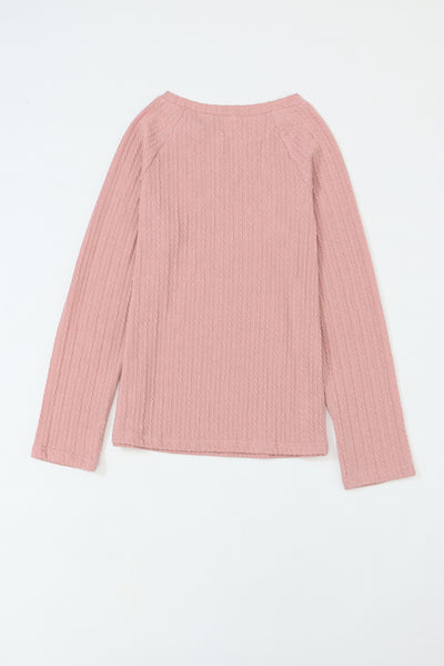 Pink Ribbed Round Neck Knit Long Sleeve Top-Tops-MomFashion