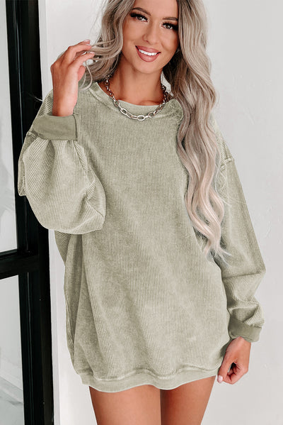 Green Solid Ribbed Knit Round Neck Pullover Sweatshirt-Tops-MomFashion