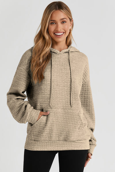 Khaki Quilted Kangaroo Pocket Drawstring Hoodie-Tops-MomFashion